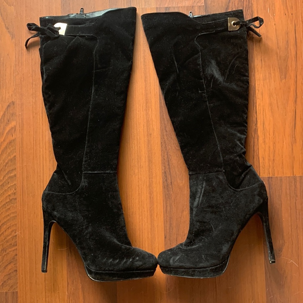 Thigh High Velvet Platform Stiletto Black Boots